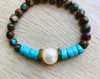 Pearl, Pave Diamond, Turquoise & Jade Aggregate Bracelet
