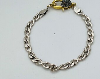 Unisex Silver Link Bracelet with Pave Diamond Clasp