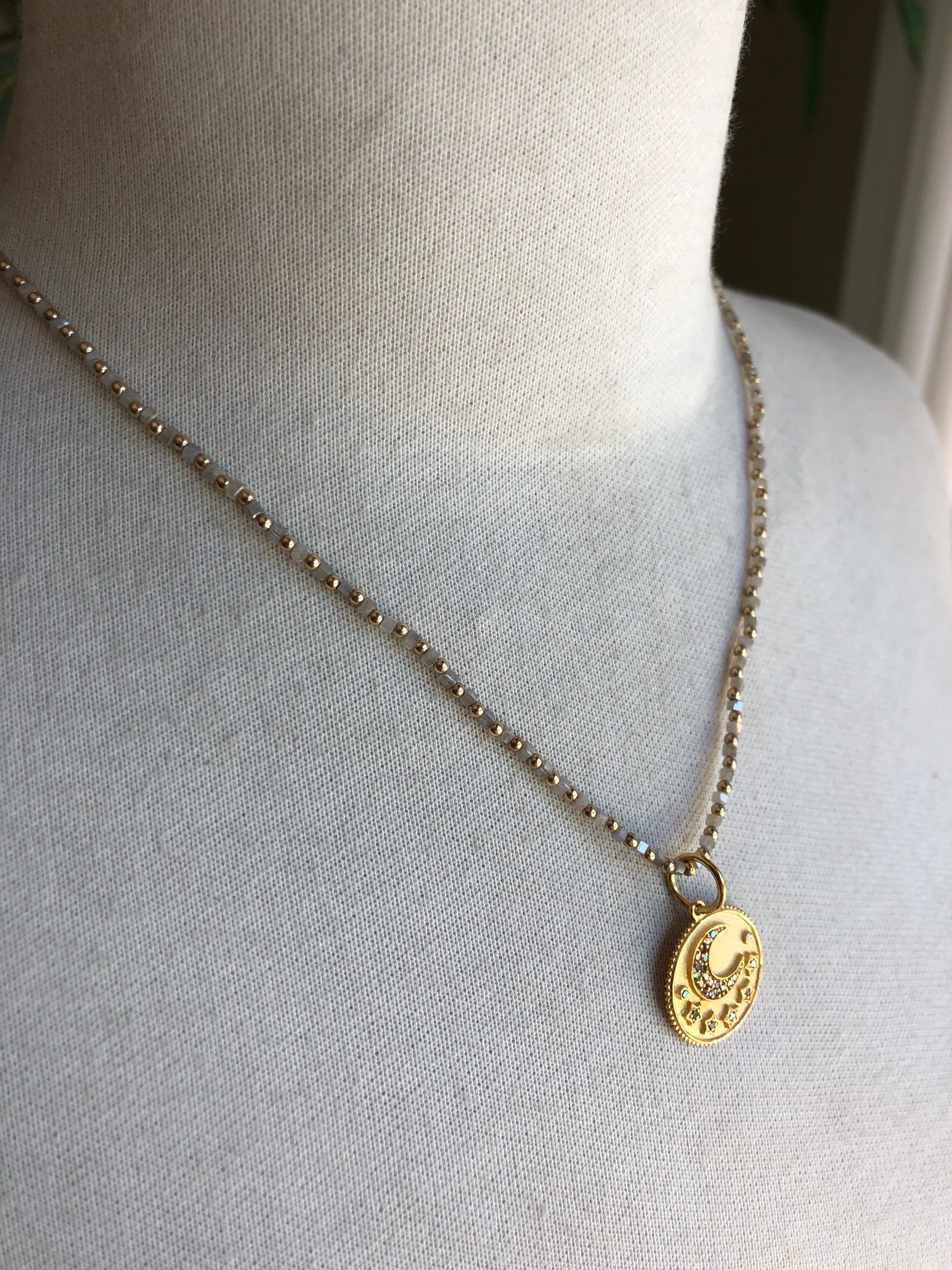 Diamond & Gold Bead Necklace With Pendant Etsy UK