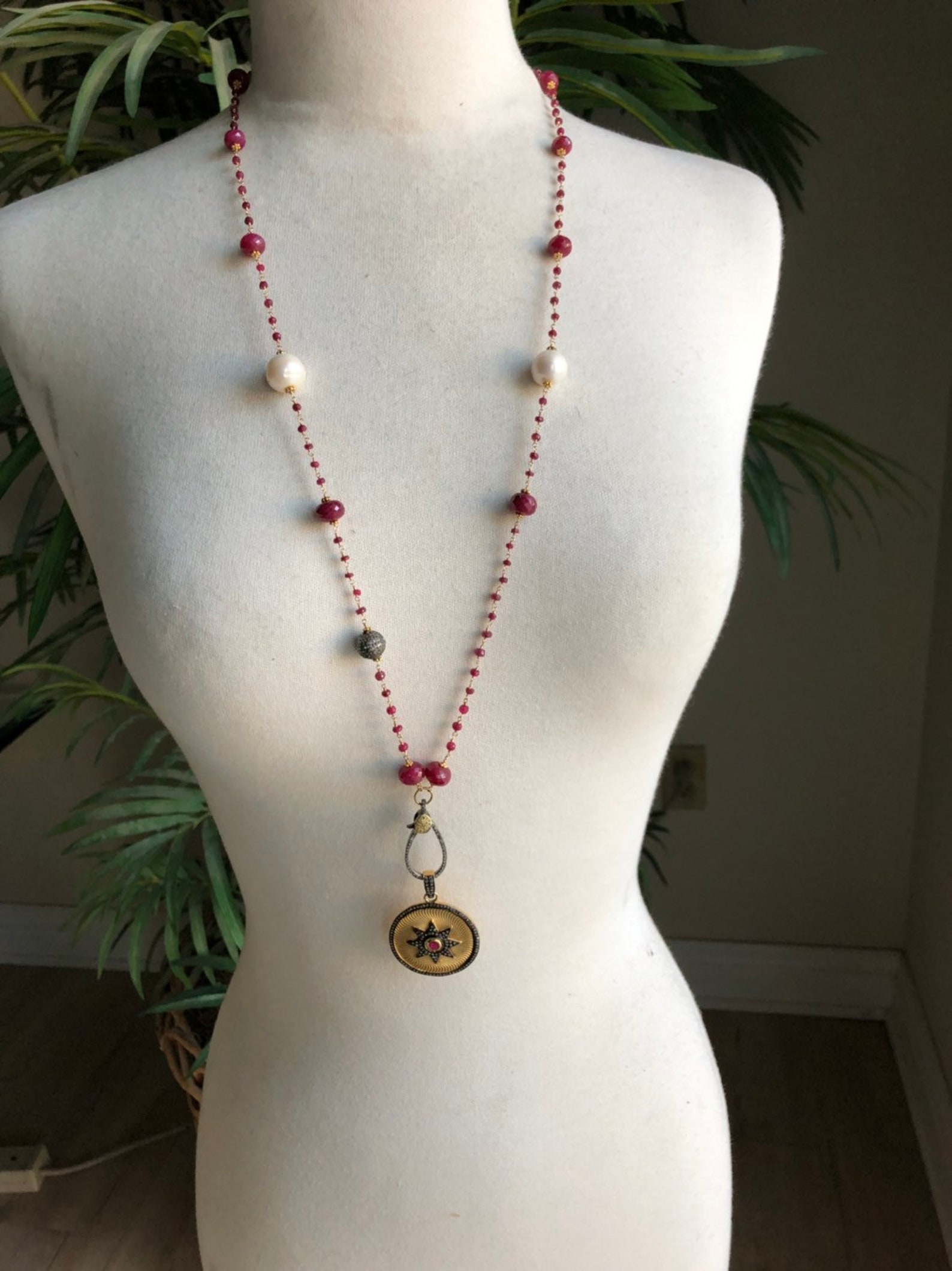 Ruby Pendant & Pearl Necklace Etsy