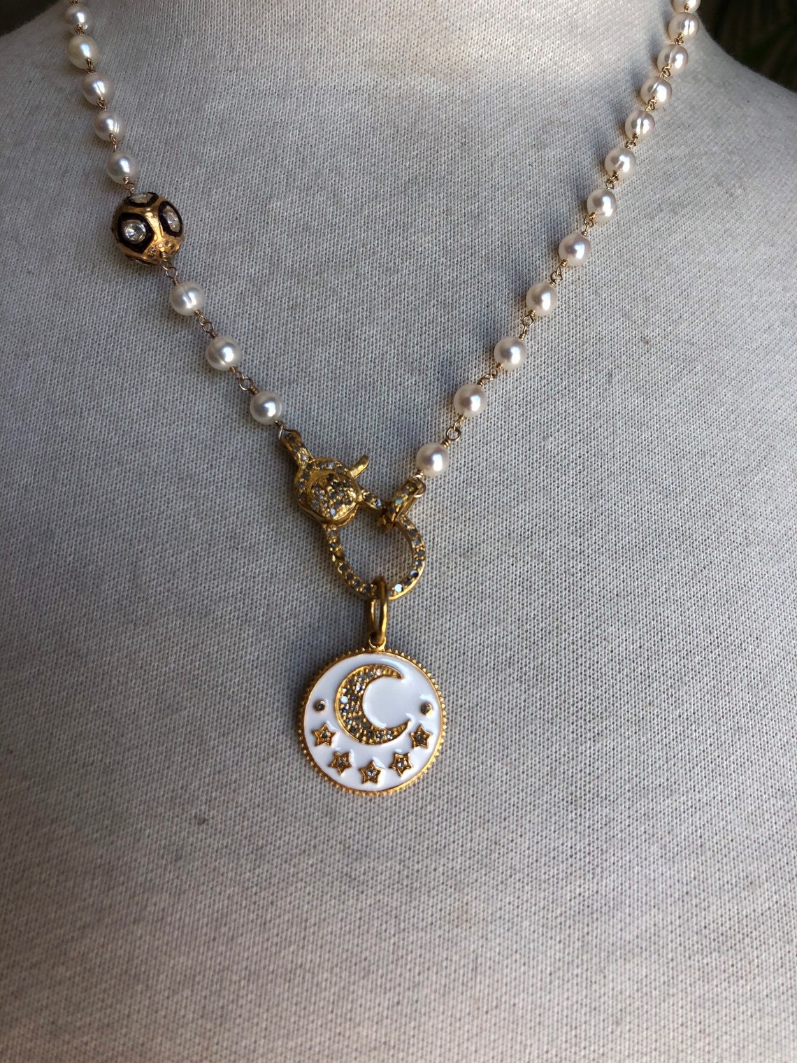 Moon & Star Medallion on Pearl Necklace - Etsy