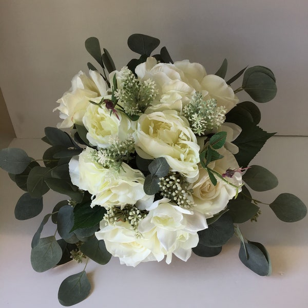 The “Amanda” Naturally Beautiful Bridal Rose, Gardenia , hydrangea, and Eucalyptus Bohemian Freestyle Wedding Bridal Bouquet