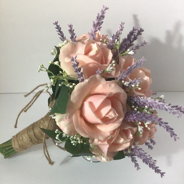 The “Casey” Gentle  Blush Real Touch Roses and Lavender silk flowers Bridal Bouquet