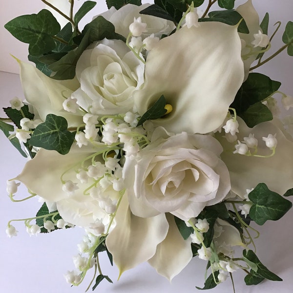 The “Grace”  Natural Touch artificial silk Calla Lilly, Ivory Roses, and Lily of the Valley Bridal Wedding Bouquet