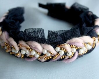 Diadema de tul azul oscuro con cuentas, accesorio para el cabello de boda estilo victoriano, accesorio único para el cabello para mujer, regalo para ella, diadema estilo Gossip Girl