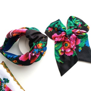Black slavic scarf headband  floral print/Slavic folk headpiece/SET Gift sister bride/Fabric comfy hairband/Wide women's knot headband