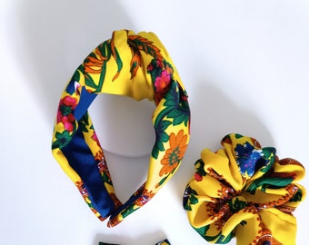 Ukrainian yellow women Headband Bow Ukrainian-themed floral scrunchies Ukrainian head piece Wide women's knot headband National hair wreath