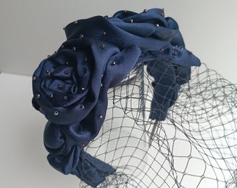 Navy Blue Triple Rosette headband Wedding fascinator with veil Bird cage veil Elegant head wrap Satin Rose head covering Fascinator netting