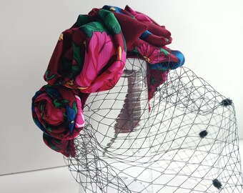 Diadema floral hecha a mano Corona floral con velo Boda étnica Pañuelo para la cabeza de novia eslava Bufanda Khustka ucraniana Tocado boho boho