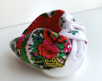 Diadema ucraniana, diadema de flores blancas, tocado folclórico, diadema de nudo para mujer, chal floral étnico, accesorios para el cabello hechos a mano, regalo para ella.
