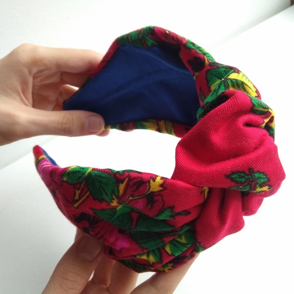 Red headband floral print Alice band top knot/Twisted hairband/Summer headpiece/Fabric comfy hairband/Wide women's knot headband/Gift her