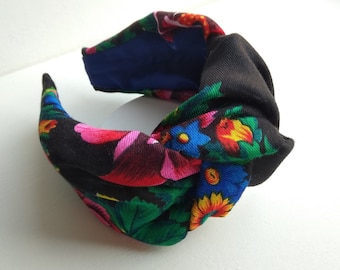 Ukrainian national black scarf headband with floral print/Ukrainian folk costume/Gift Ukrainian mother/Slavic hairband/Wide womens headband