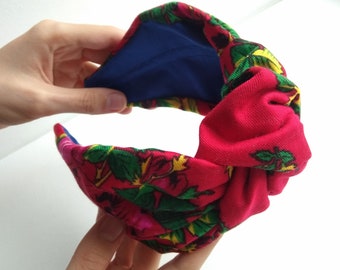 Red headband floral print Alice band top knot/Twisted hairband/Summer headpiece/Fabric comfy hairband/Wide women's knot headband/Gift her