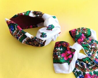 White summer headband Italy colorful top knot Comfy liberty knot Fabric Alice Band Gift SET  idea sister Mother & daughter Family outfits