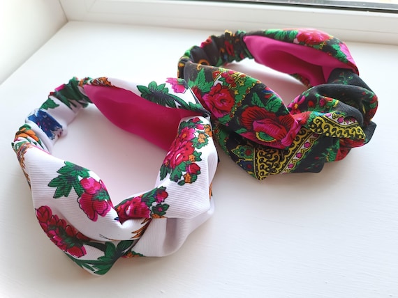 Floral Knotted Headband in Dark Green and Red Floral Knotted Headband: Red, Green & Pink Flower Design - Etsy main image 4