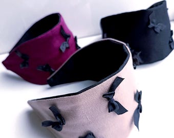 Diadema ancha de lino con lazos, diadema cómoda para mujer, diadema negra/burdeos/rosa con lazos, diadema lisa, regalo para ella.
