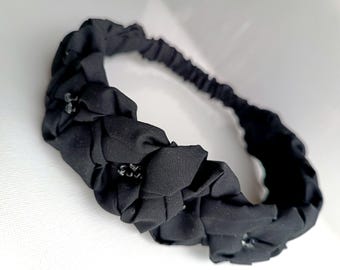 Diadema elástica suave, trenzada, de algodón negro, para mujer, estilo gótico, con bordados de tela trenzada y cuentas, regalo hecho a mano para ella.