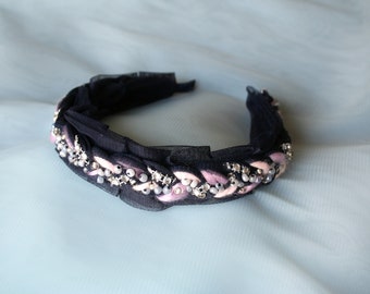 Diadema de tul bordada: hilo con cuentas, hilos dorados, estilo romántico, Gossip Girl, Dark Academia, diadema bohemia, regalo para ella.