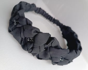 Diadema de algodón tejido negro, cuentas bordadas, cómoda banda elástica para el cabello, regalo para ella.