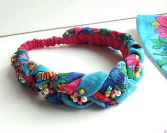 Diadema elástica suave Diadema suave y cómoda con estampado floral para mujer Diadema trenzada para mujer Cuentas bordadas Tejido elástico Accesorio para la cabeza Regalo