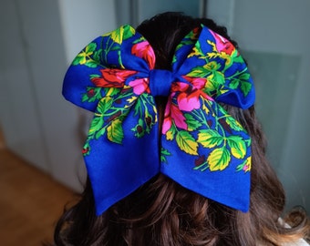 Ukrainian blue folk hair clip bow Slavic floral scarf Ukrainian Mother & daughter outfits Polish folk hair accessory Idea gift for daughter