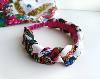 Diadema elástica suave con bordado floral trenzado y cuentas para mujer. Diadema de tela trenzada. Chal de flores. Accesorio para el cabello hecho a mano. Regalo para ella.