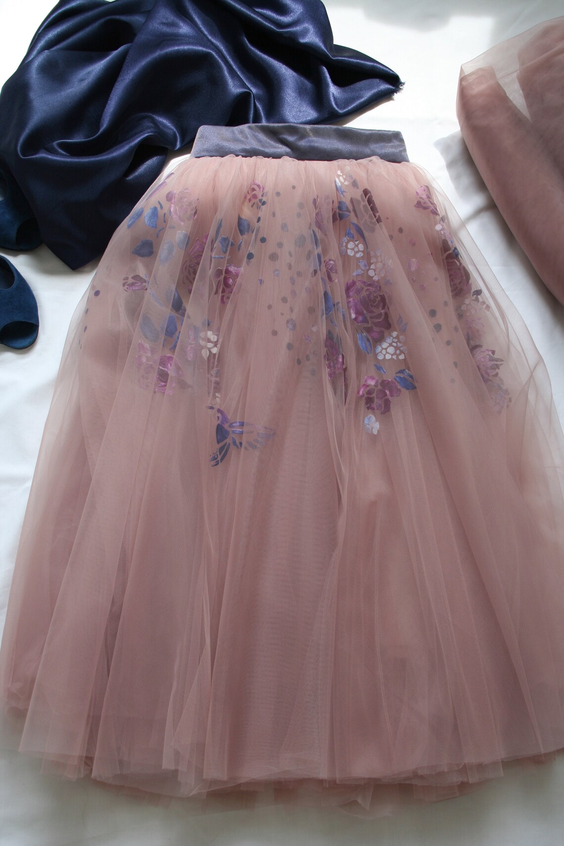 Midi Pink Tulle Skirt Exclusive handpainted Flower Print Etsy