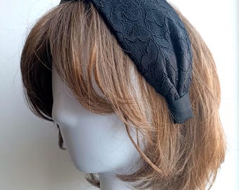 Diadema de encaje negro liso, diadema extra ancha para mujer, diadema de tela de algodón para adultos, diadema hecha a mano, regalo para ella.