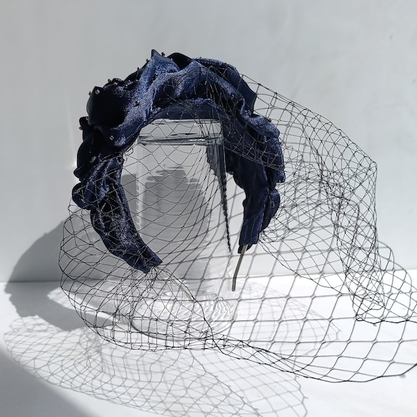 Navy Blue satin headband Rosette fascinator with veil Bird cage veil Elegant head wrap Flower head covering Fascinator with netting wedding