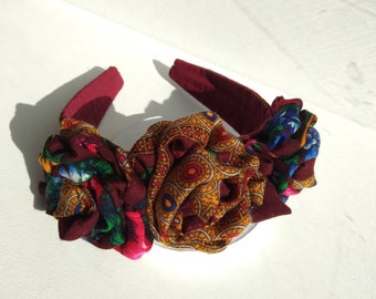 Burgundy headband for women Tripple Rose Fabric flower crown Rosette headpiece Frida headband Hair gift idea for sister