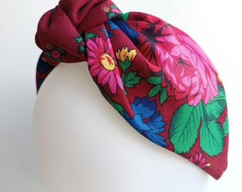 Diadema floral burdeos para mujer, diadema anudada, turbante, diadema retorcida, diadema de flores anudadas, accesorio para el cabello hecho a mano, regalo para ella.