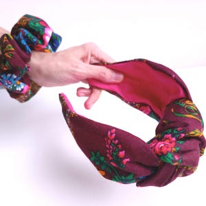 Cottagecore turban headband for Women Burgundy floral hairband Knot headband Twisted flower headband  Wide knotted headband Gift for her