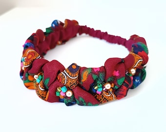 Slavic braided headband Embroidered beads Plaited hair band Burgundy floral women's headband Gift from Ukraine Ethnic folk hair accessory
