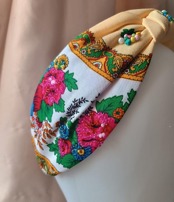 Floral Headband Soft Knot Headband Embroidered Beads Elastic Comfy