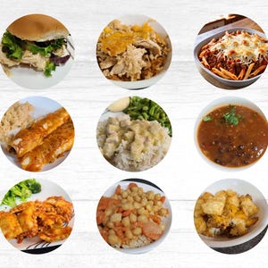 May include: A collage of nine different food dishes, including chicken enchiladas, chicken and rice, pasta with meat sauce, black bean soup, and a chicken sandwich.