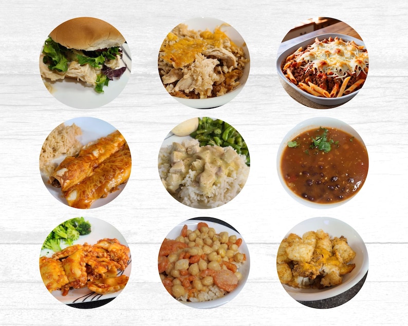 May include: A collage of nine different food dishes, including chicken enchiladas, chicken and rice, pasta with meat sauce, black bean soup, and a chicken sandwich.