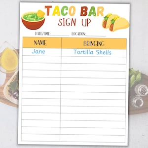 Hoja de inscripción imprimible para Taco Bar Potluck; Hoja de inscripción para Taco Fiesta (PDF)