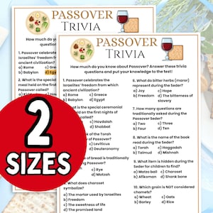 May include: Two Passover Trivia game sheets with questions about the holiday. The text "Passover Trivia" is at the top of each sheet. A red circle with the text "2 SIZES" is in the foreground.