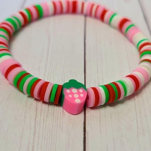 Clay Charm Bracelet; Strawberry Fields Clay Bead Bracelet; Red White and Pink Bead Bracelet