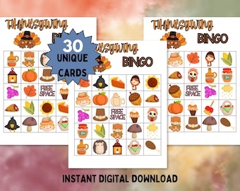 May include: A set of 30 unique Thanksgiving Bingo cards. Each card features a 5x5 grid with images of Thanksgiving-themed items, such as turkeys, pumpkins, and cornucopias. The cards are perfect for a fun and festive game.