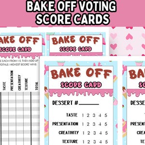 Schede punteggi Bake Off stampabili; Schede di voto per la gara di pasticceria; Schede migliori prodotti da forno; Download immediato