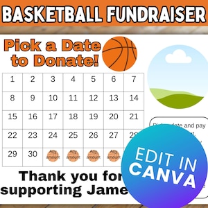 Bearbeitbarer Basketball-Kalender-Spendenaktion; Wähle ein Datum der Geldbeschaffer; Basketball-Mannschaft; Spendensammlung; Bearbeitbar in Canva