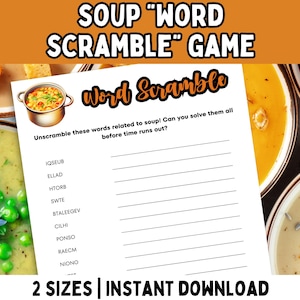 Soup Games PDF; Printable Soup Word Scramble Game; Soup Party Game; Soup Supper Game; For Church Party, Soup Potluck, Office Party