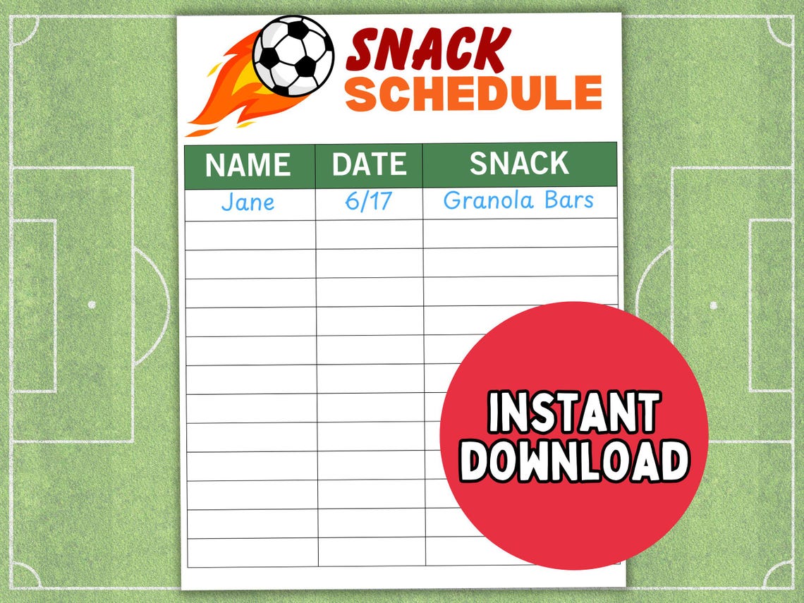 Soccer Snacks Sign up Sheet PDF; Printable & Fillable Game Day Sign up ...