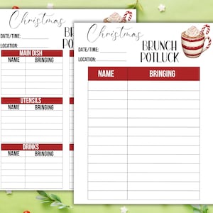 Könnte beinhalten: Zwei weiße Weihnachtsbuffet-Potluck-Listen-Vorlagen mit roten Akzenten. Oben auf den Seiten steht "Christmas" in Schreibschrift. Eine Seite hat eine Grafik einer Tasse mit Schlagsahne. Abschnitte umfassen Datum/Uhrzeit, Ort, Hauptgericht, Utensilien und Getränke.
