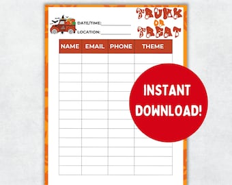 Trunk or Treat Sign Up Sheet; Sign Up Sheet for Halloween Trunk or Treat Printable