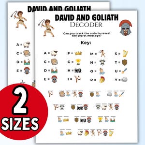 May include: A David and Goliath decoder activity sheet featuring a character illustration, a key with icons for letters, and a secret message to solve. The page includes the text David and Goliath Decoder and Can you crack the code to reveal the secret message? A red circle with the text 2 SIZES is overlaid on the bottom left.