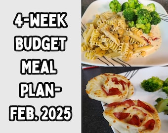 Budget Friendly Meal Plan Feb 2025; 4 Weeks of Cheap Meals; Recipes, Pre-Filled Grocery Lists, Cost Breakdown, Dairy Free/Gluten Free Alts