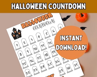 Cuenta regresiva de Halloween (PDF); Calendario de cuenta regresiva de Halloween para niños; Calendario de adviento de Halloween imprimible; Actividad de Halloween para niños