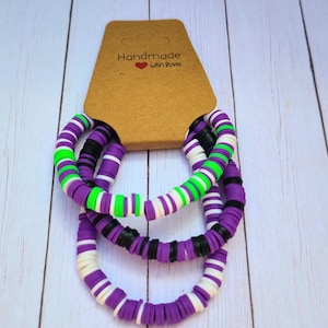 Halloween Heishi Bracelet Stack; Clay Bead Bracelets; Halloween Bracelets; Stretch Bracelet Pack; Purple Black Green Bracelet